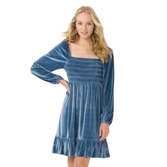 LC Lauren Conrad Velvet Rendez Blue Smocked Mini Dress - Picture 1 of 7